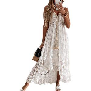 Summer Dress V Neck Spaghetti Strap Sleeveless High Waist A Boho White